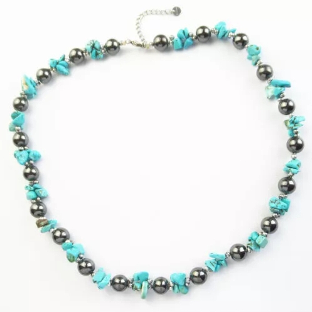 Natural Turquoise Chip & 10mm Hematite Necklace 17.5 inch Chakra Healing